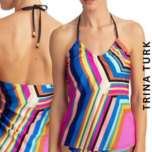 Trina Turk Swim NWT Illusion Stripe Tankini Top Blue Pink Fuchsia Yellow Size 4